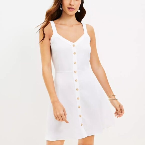 LOFT Strappy Linen Blend Button Down White Dress Sz 4 - Picture 1 of 7